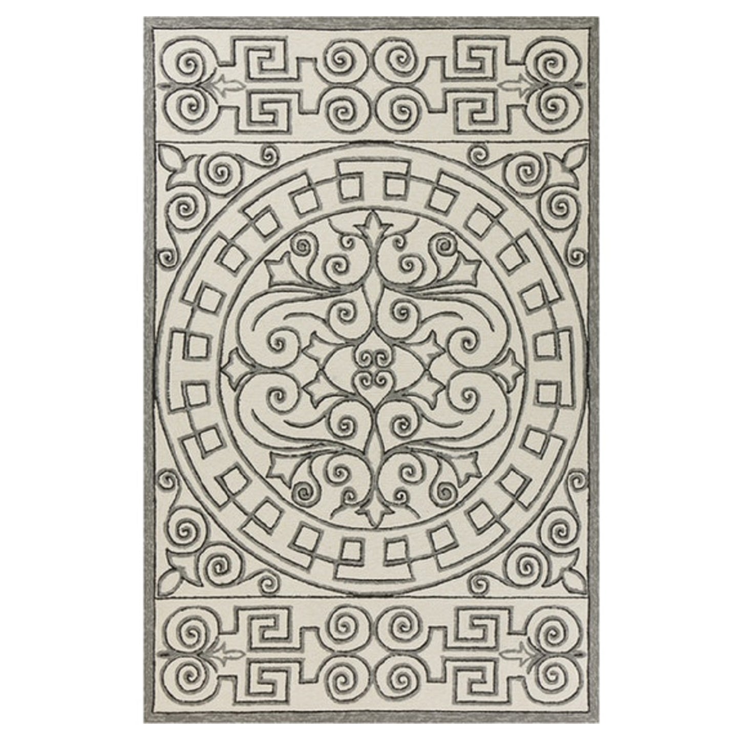 5' X 8' Gray and Ivory Damask Handmade Indoor Outdoor Area Rug