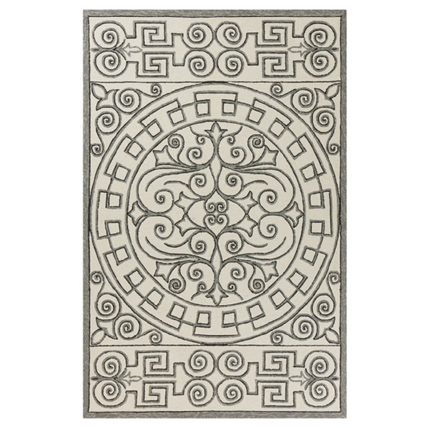 8' Gray And Ivory Round Damask Indoor Outdoor Area Rug