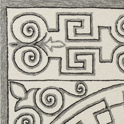 8' Gray And Ivory Round Damask Indoor Outdoor Area Rug