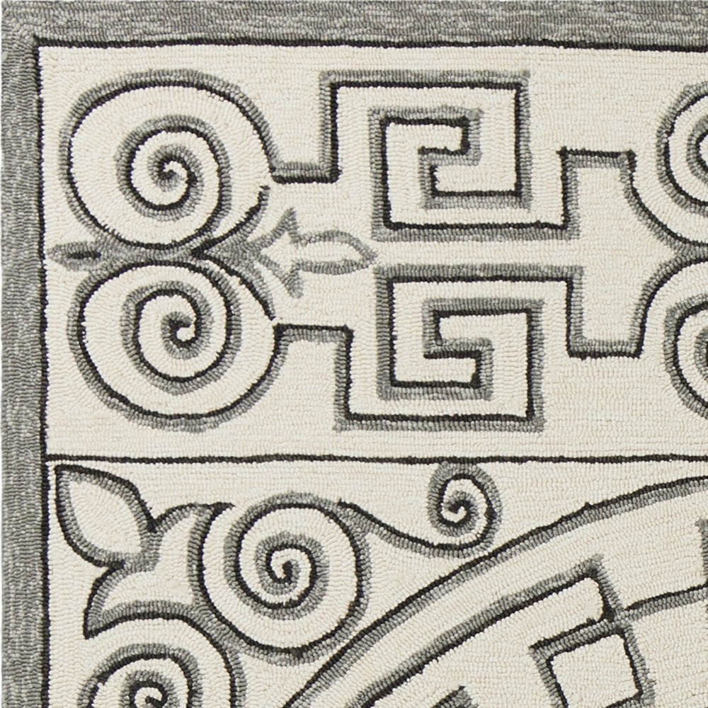 8' Gray And Ivory Round Damask Indoor Outdoor Area Rug