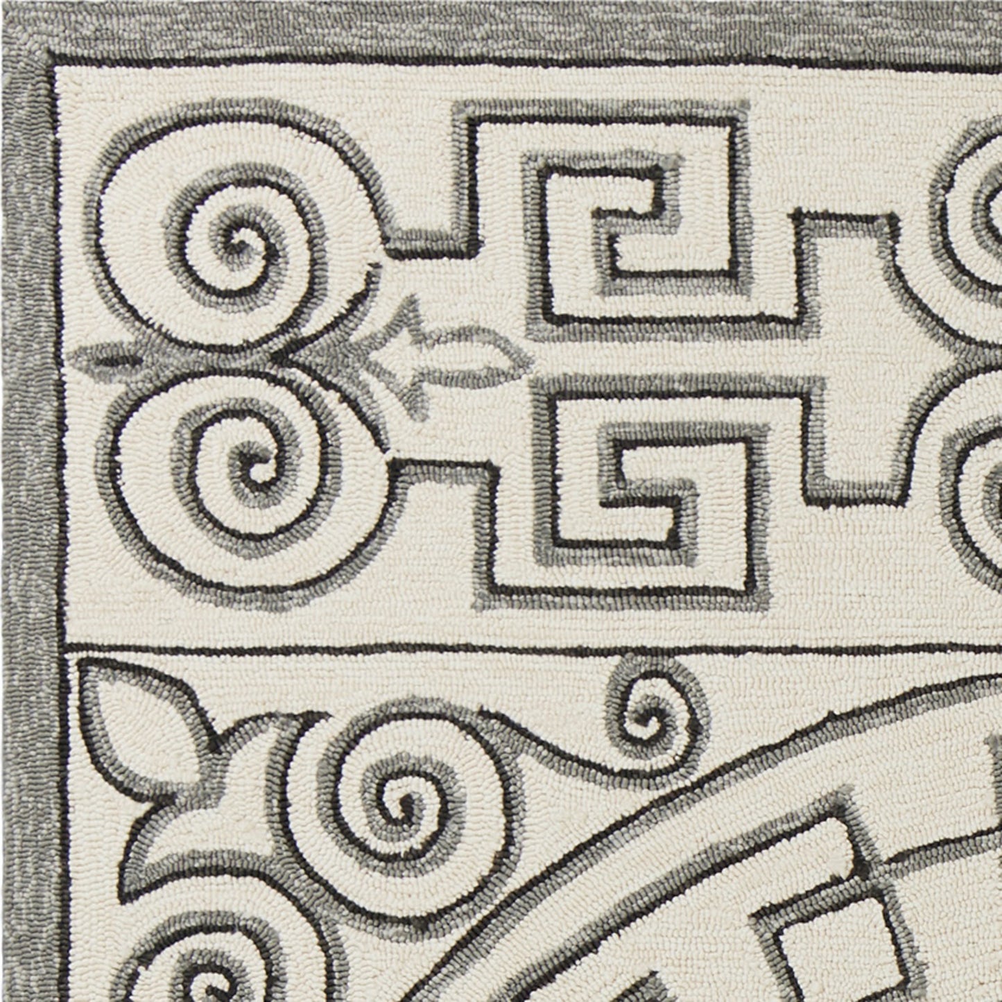 8' Gray And Ivory Round Damask Indoor Outdoor Area Rug