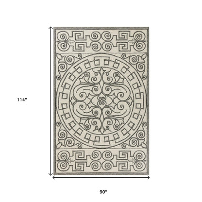 8' Gray And Ivory Round Damask Indoor Outdoor Area Rug