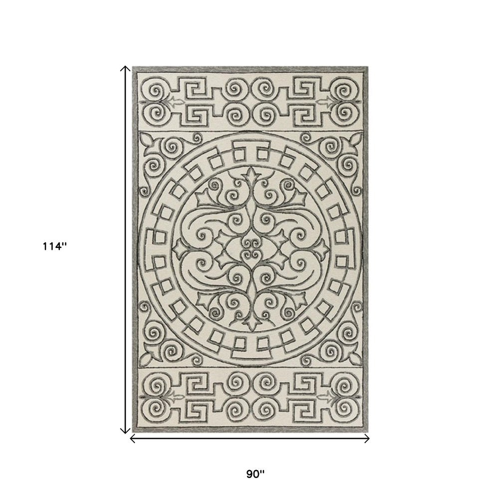 8' Gray And Ivory Round Damask Indoor Outdoor Area Rug