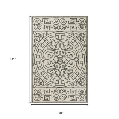 8' Gray And Ivory Round Damask Indoor Outdoor Area Rug