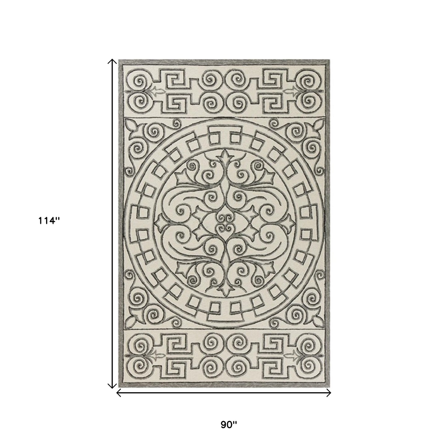 8' Gray And Ivory Round Damask Indoor Outdoor Area Rug