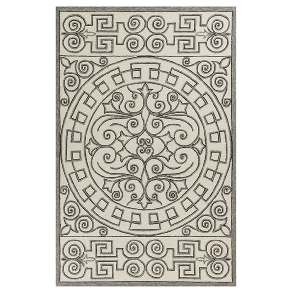 8' Gray And Ivory Round Damask Indoor Outdoor Area Rug