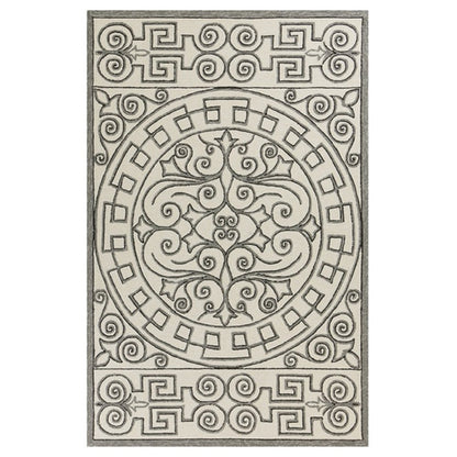 8' Gray And Ivory Round Damask Indoor Outdoor Area Rug