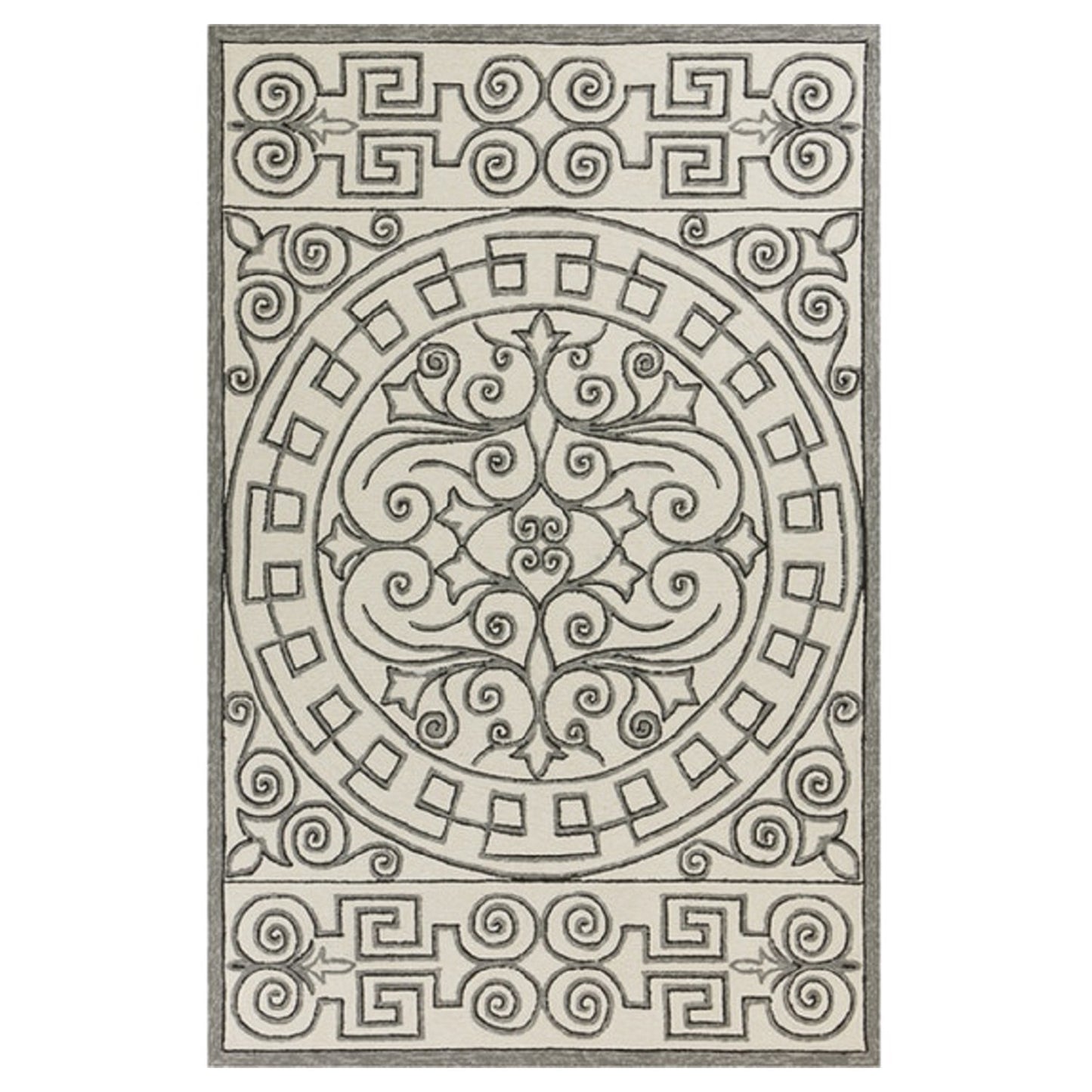 5' X 8' Gray and Ivory Damask Handmade Indoor Outdoor Area Rug