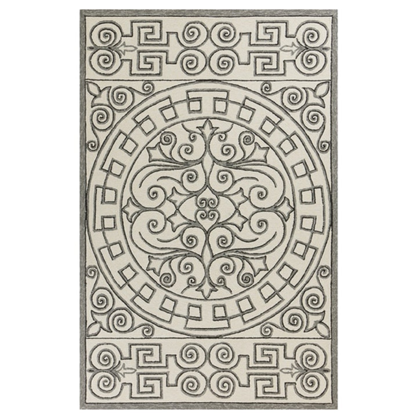 8' Gray And Ivory Round Damask Indoor Outdoor Area Rug