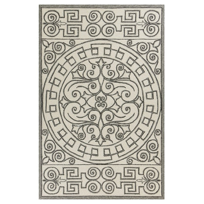 8' Gray And Ivory Round Damask Indoor Outdoor Area Rug
