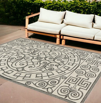 8' Gray And Ivory Round Damask Indoor Outdoor Area Rug