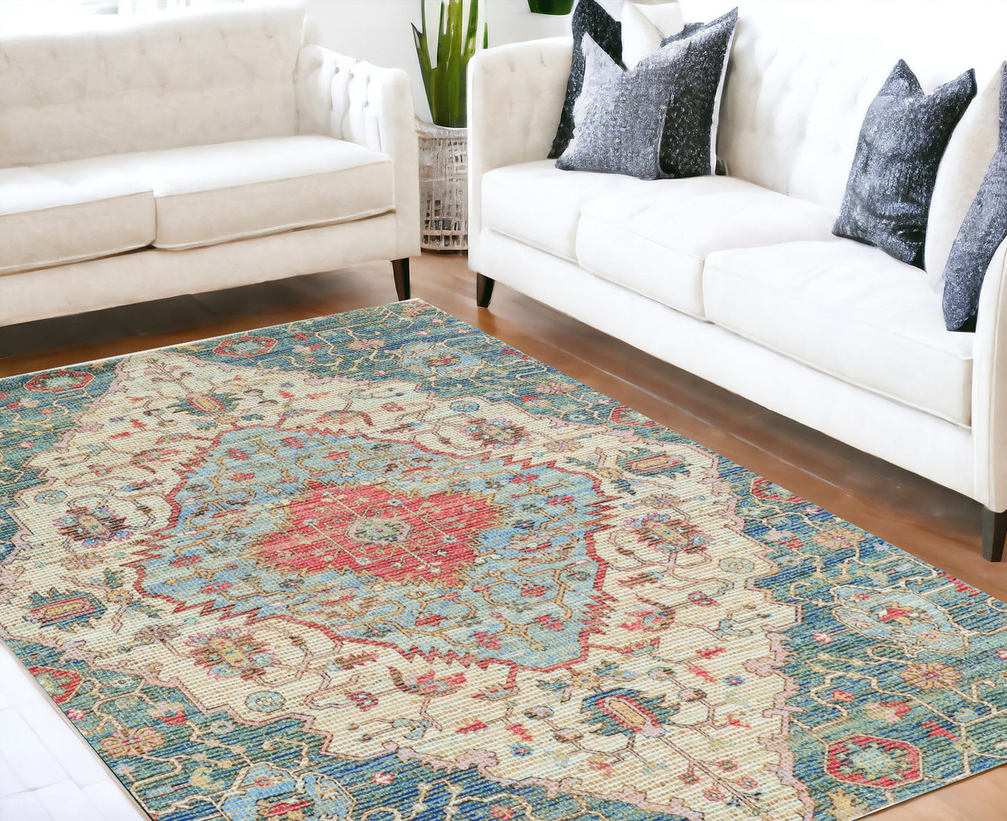 7' X 12' Blue and Red Medallion Handmade Area Rug