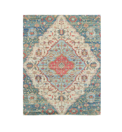 5' X 7' Blue Beige And Brick Red Jute Medallion Hand Woven Distressed Area Rug