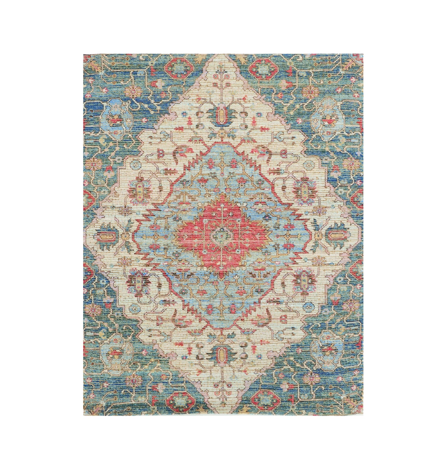 5' X 7' Blue Beige And Brick Red Jute Medallion Hand Woven Distressed Area Rug