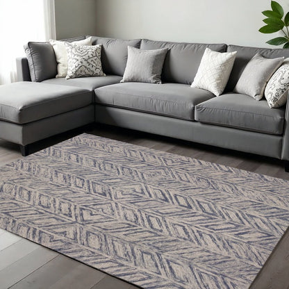 5' X 7' Blue And Beige Wool Chevron Hand Tufted Area Rug