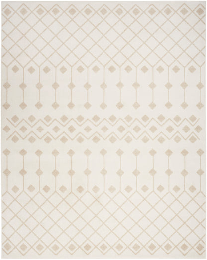 Cream rug with taupe geometric diamonds, lattice borders & vertical pendant lines in a soft, modern pattern.