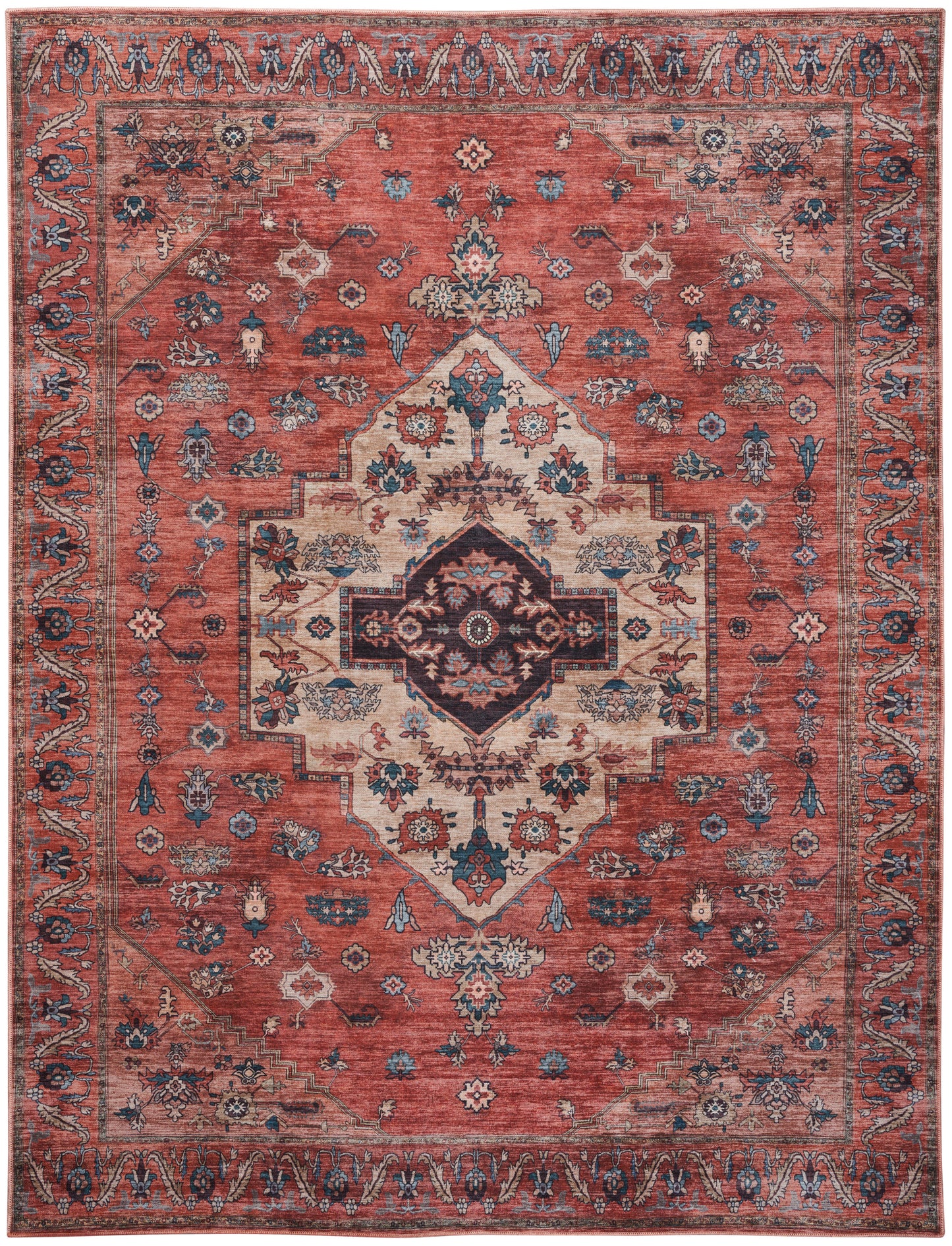 Persian-style oriental rug with warm red field, ivory central medallion, blue florals, and ornate border.