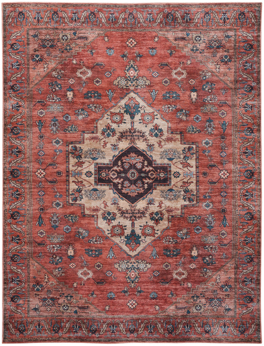Persian-style oriental rug with warm red field, ivory central medallion, blue florals, and ornate border.