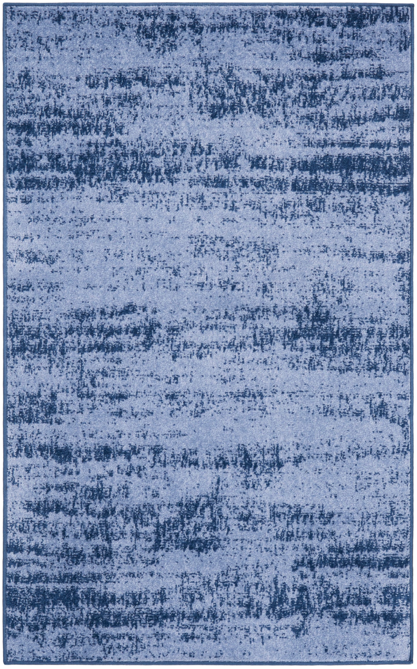 Rectangular blue rug with an abstract distressed pattern and dark border; soft-pile, modern decor.