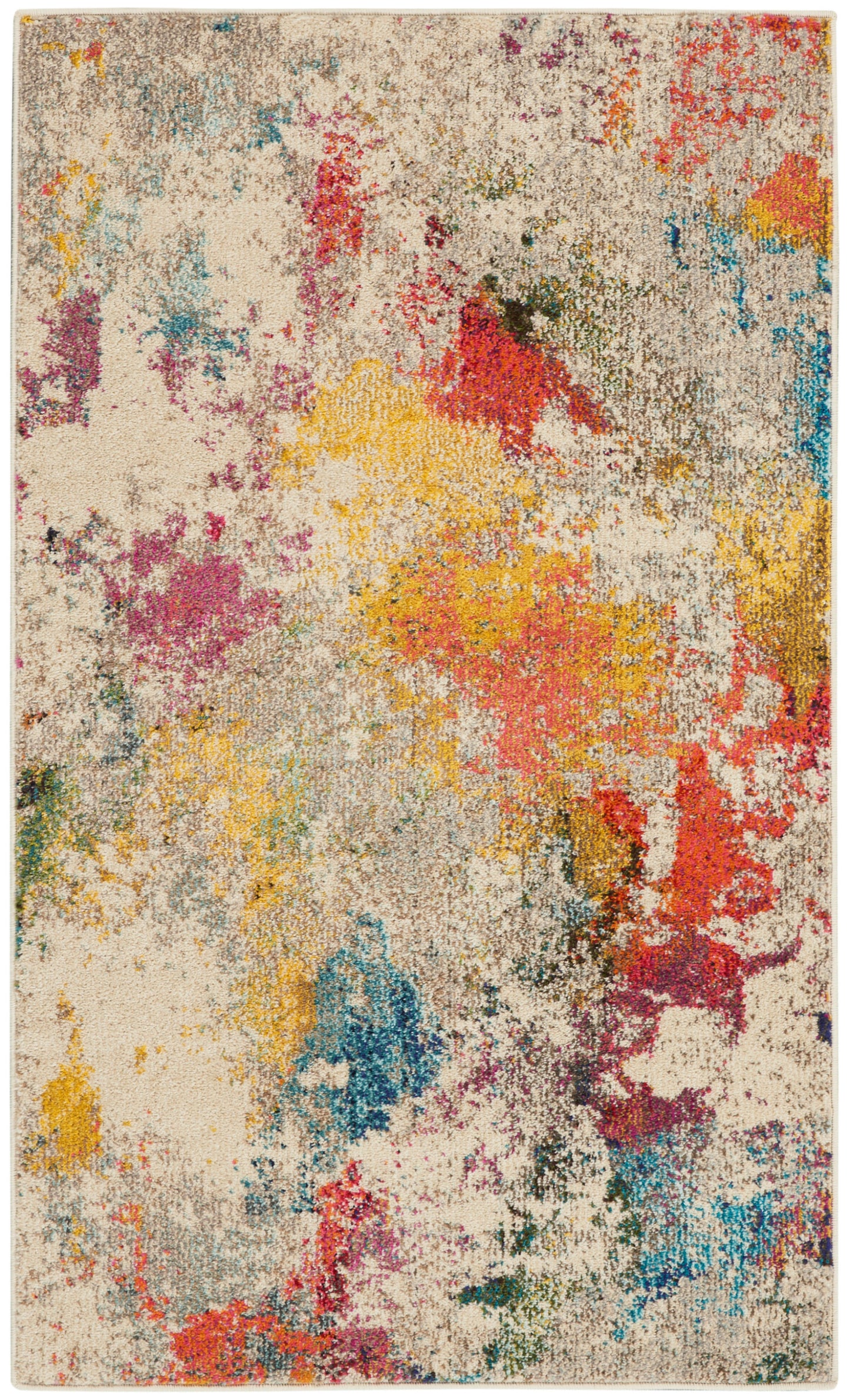 Abstract multicolor area rug with beige base and vibrant splashes of yellow, red, blue, teal, and pink.
