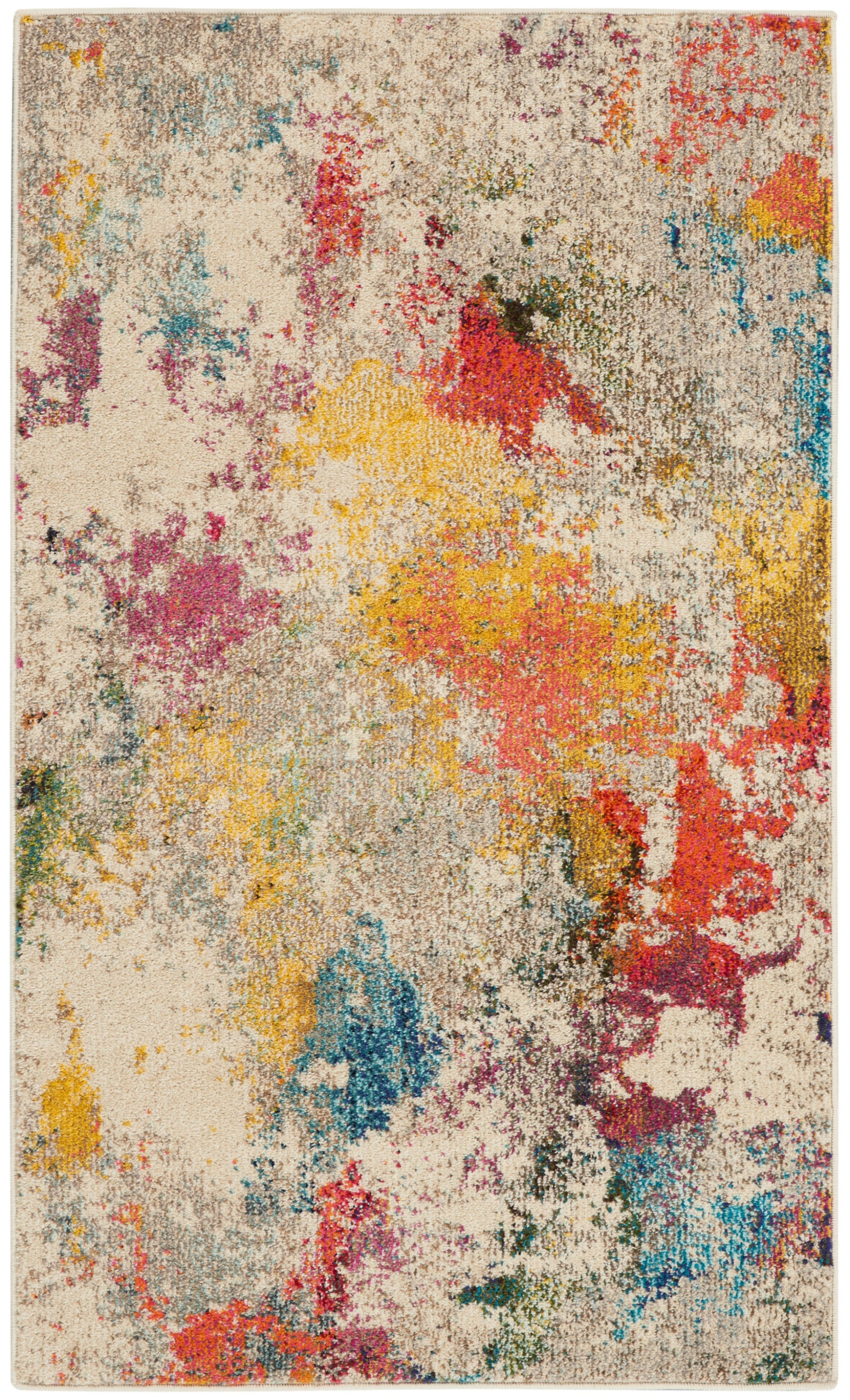 Abstract multicolor area rug with beige base and vibrant splashes of yellow, red, blue, teal, and pink.
