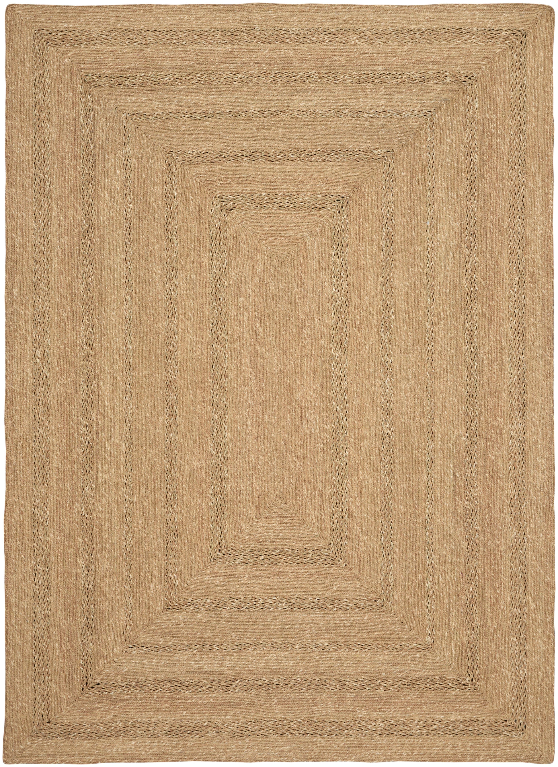 Natural jute rug in rectangular shape with concentric braided borders in warm beige tones.
