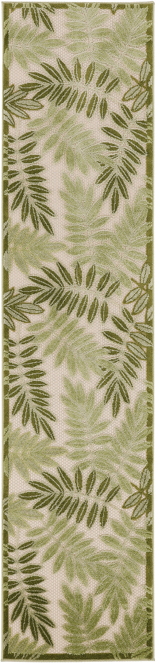 Rectangular rug runner with beige base, green palm leaf pattern and dark green border.