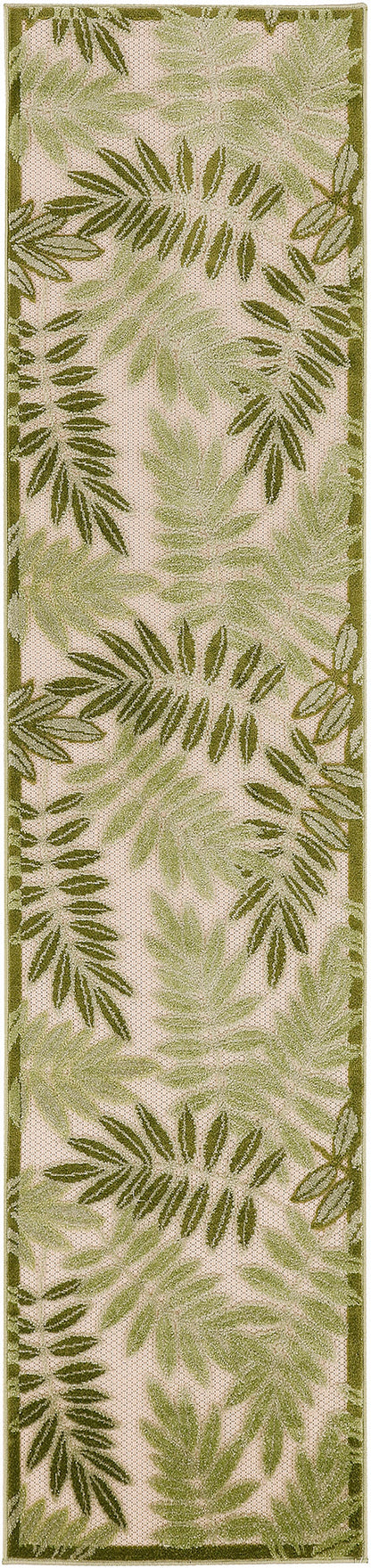 Rectangular rug runner with beige base, green palm leaf pattern and dark green border.