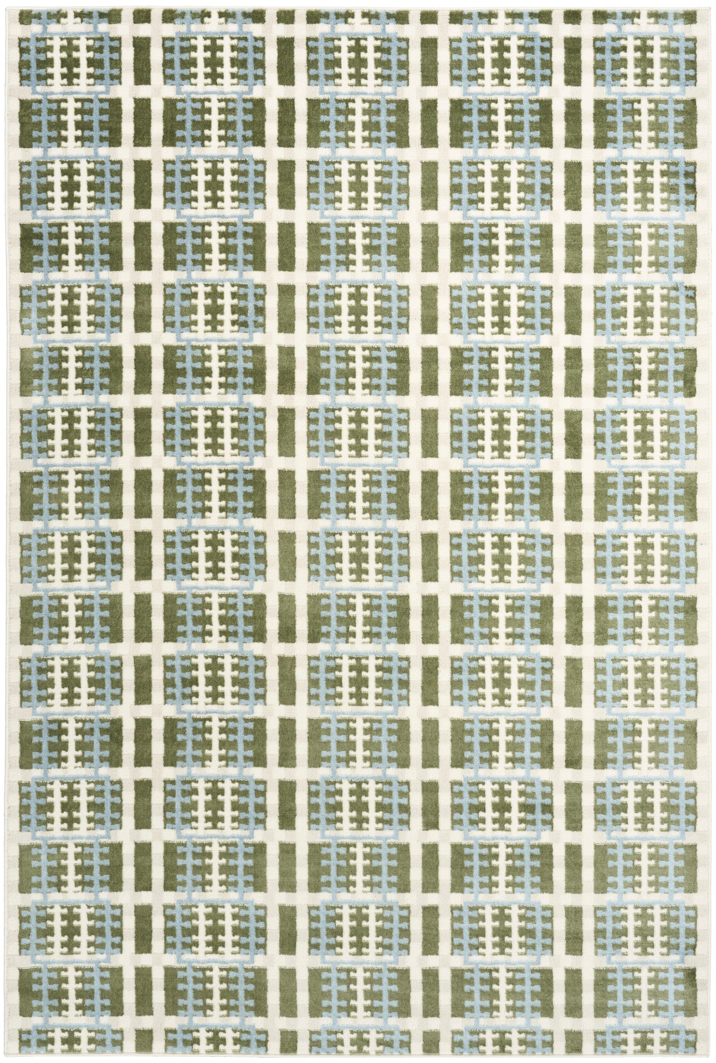 Area rug with cream background, olive grid lines and blue rectangular clusters forming ladder-like motifs.