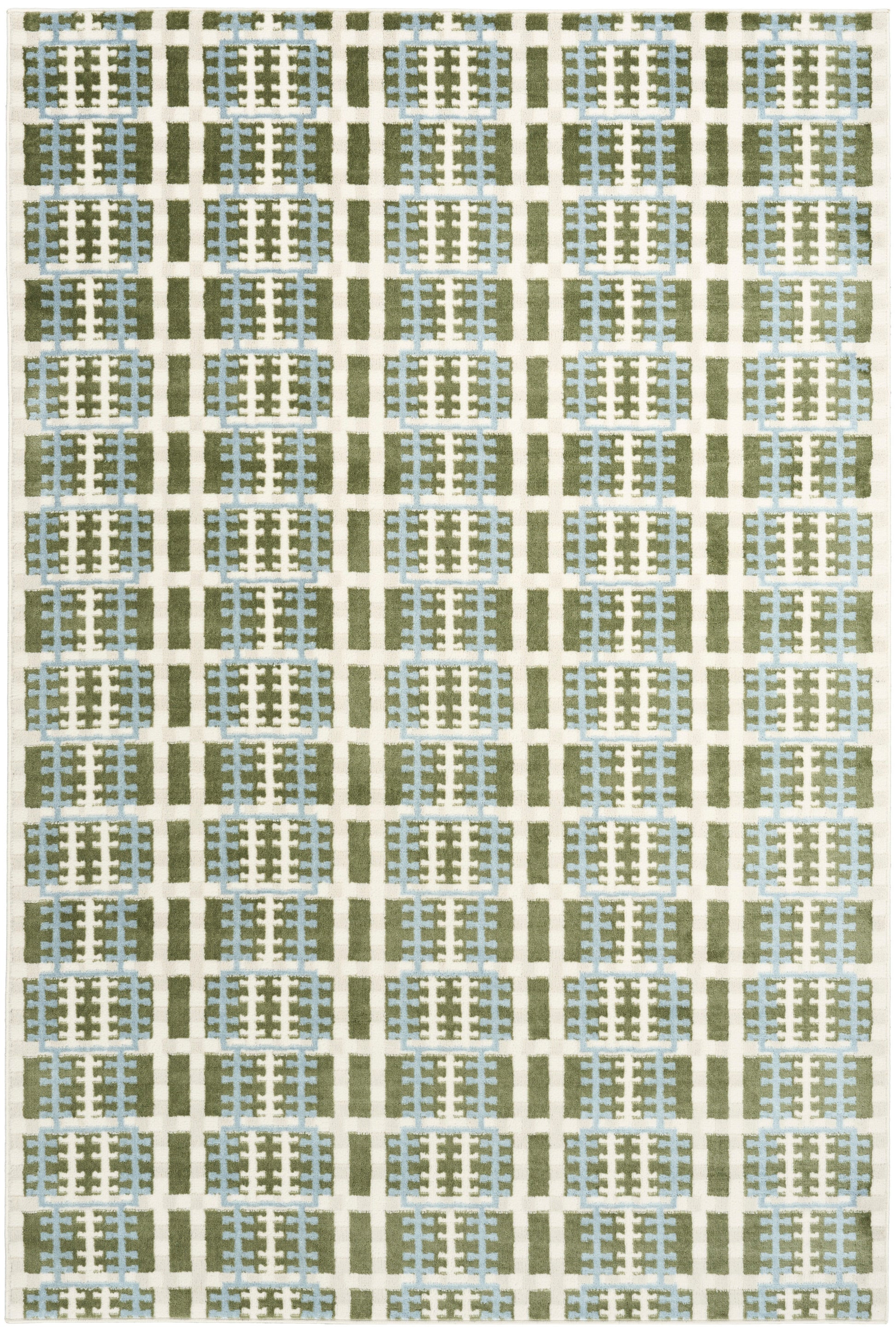 Area rug with cream background, olive grid lines and blue rectangular clusters forming ladder-like motifs.