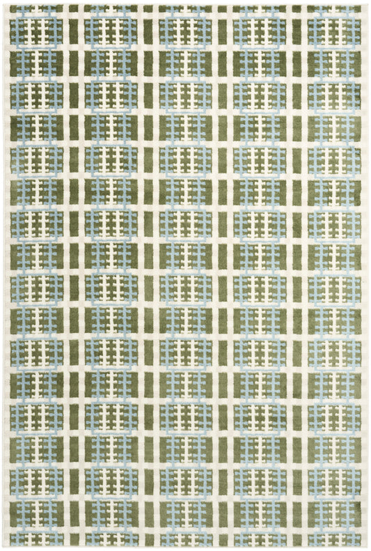 Area rug with cream background, olive grid lines and blue rectangular clusters forming ladder-like motifs.