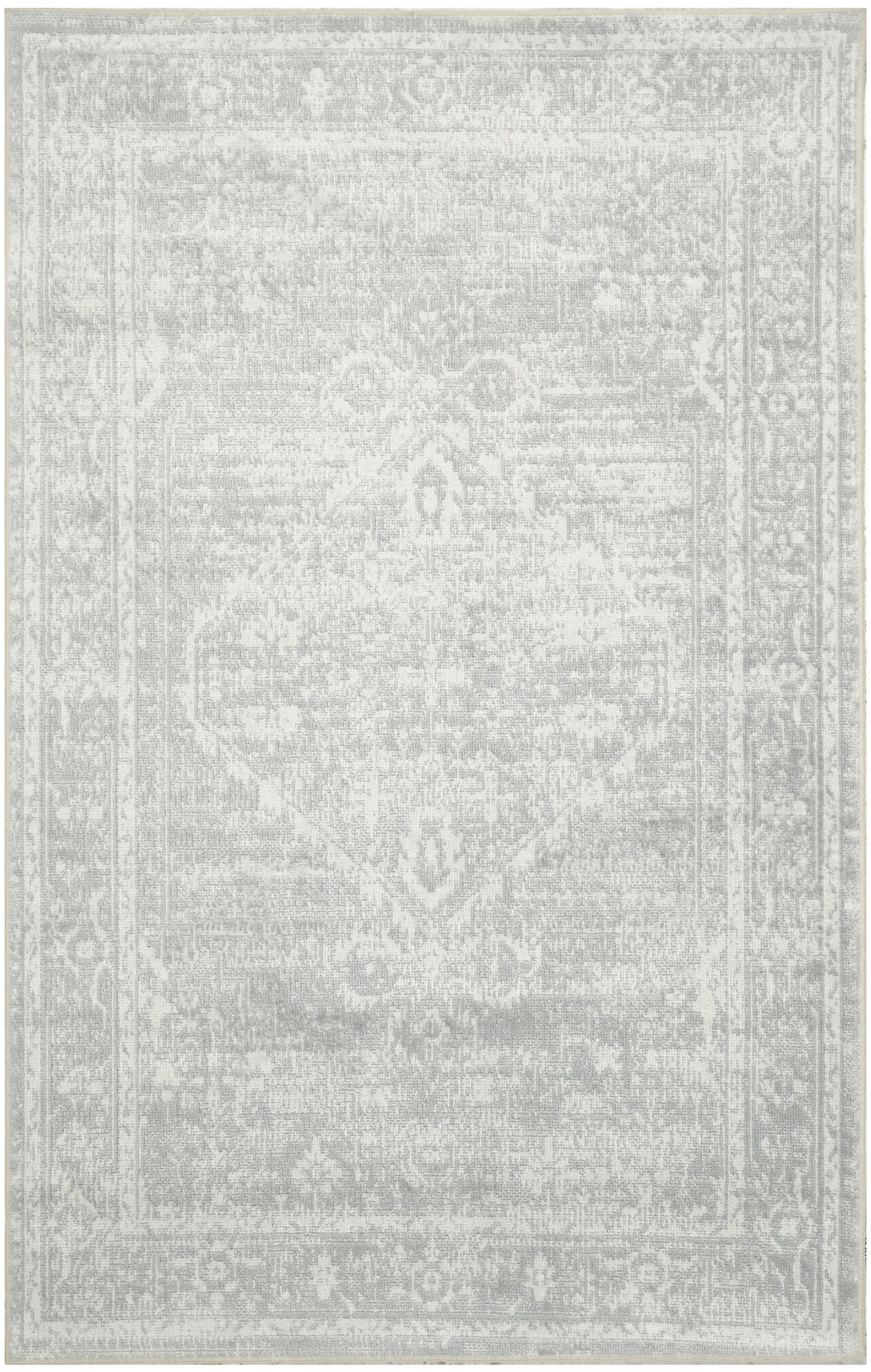 Light gray distressed rug with subtle Persian-inspired medallion and ornate border in vintage faded tones.