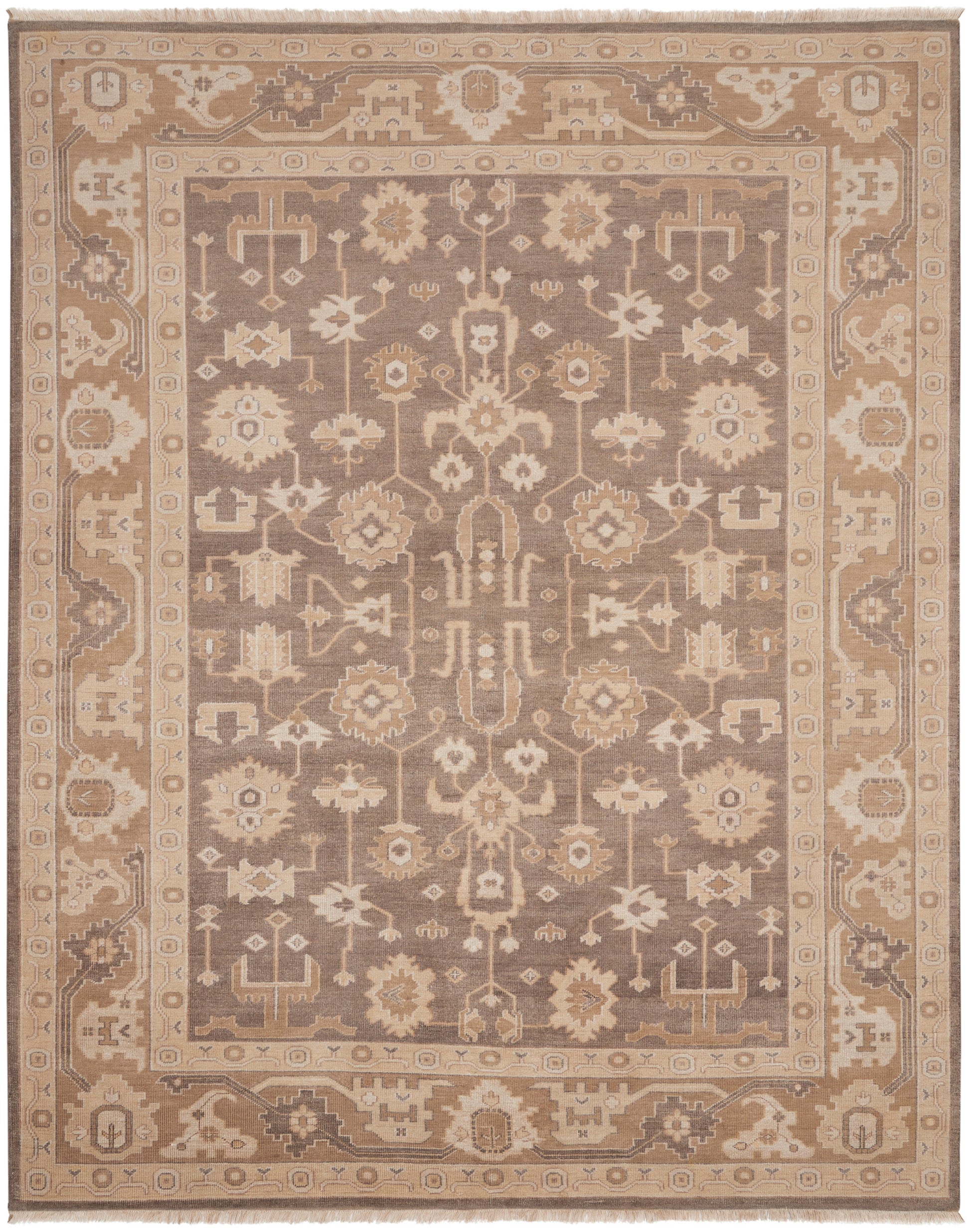 Rectangular oriental rug with taupe center, beige border, ivory floral medallion pattern; decorative floor covering.