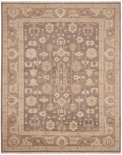 Rectangular oriental rug with taupe center, beige border, ivory floral medallion pattern; decorative floor covering.