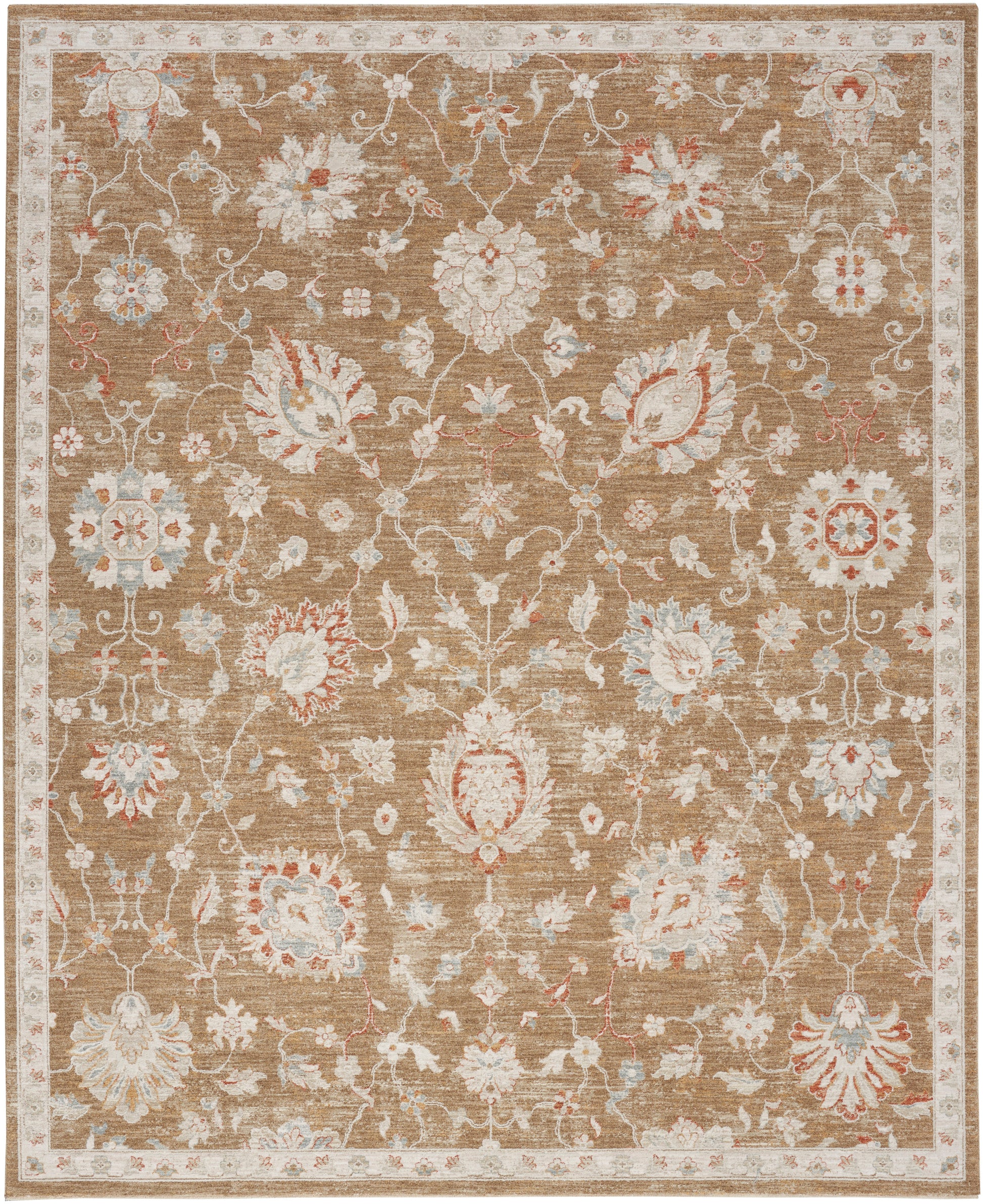 Rectangular beige floral area rug with ivory, light blue and coral motifs and ornate border; Persian-inspired design.