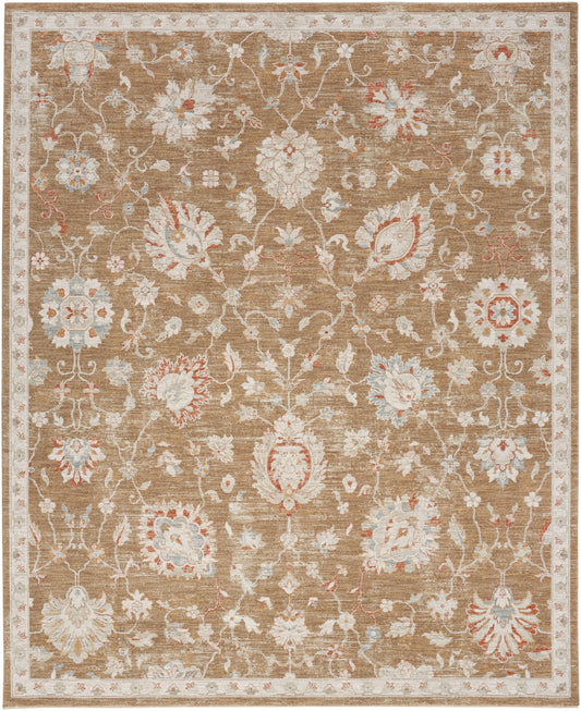 Rectangular beige floral area rug with ivory, light blue and coral motifs and ornate border; Persian-inspired design.