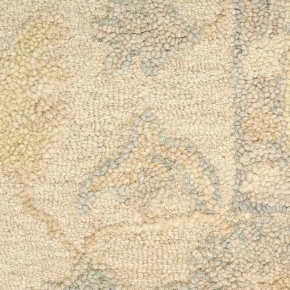 Beige textured rug with soft pile and pale blue-gray pattern; cozy decorative floor covering.