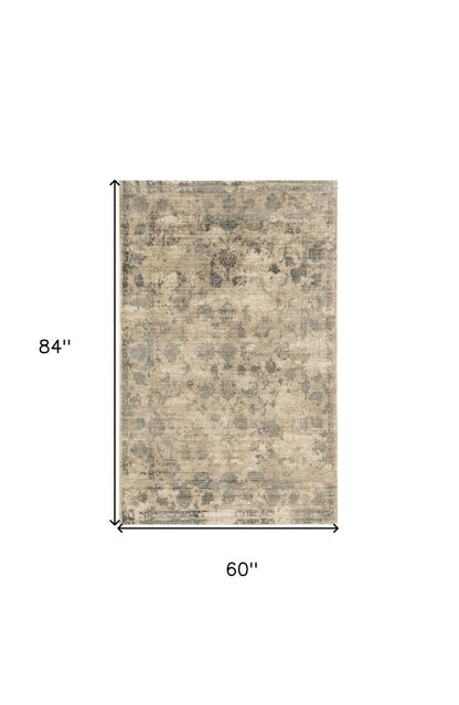 3' X 5' Beige And Blue Floral Medallion Hand Loomed Area Rug