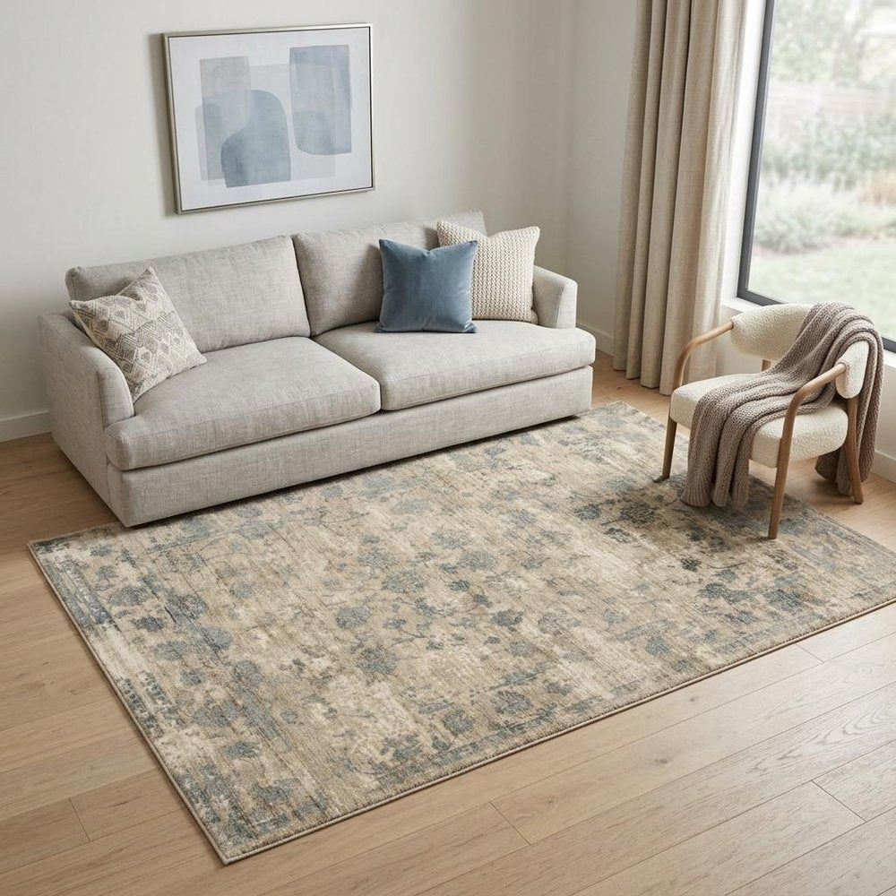 5' X 7' Beige And Blue Floral Medallion Hand Loomed Area Rug