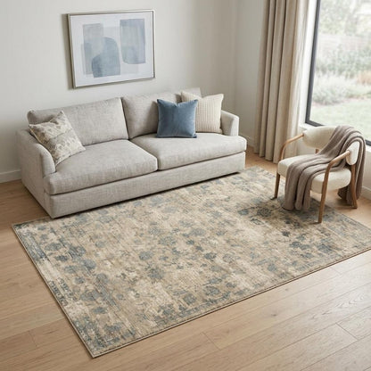 5' X 7' Beige And Blue Floral Medallion Hand Loomed Area Rug