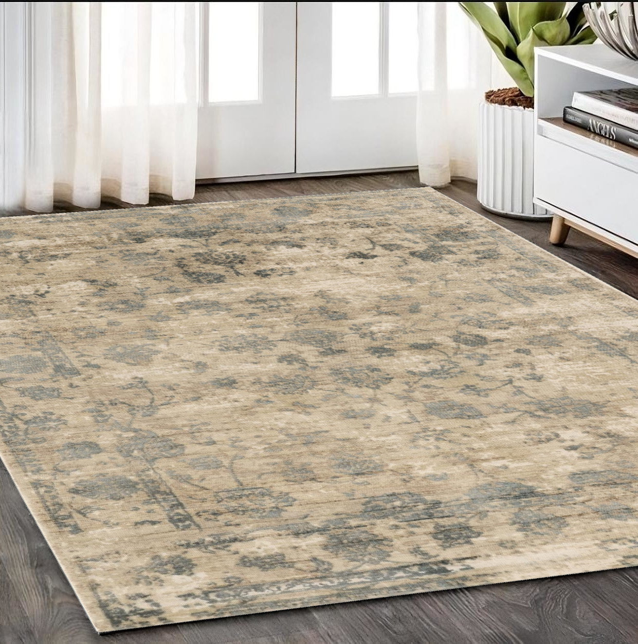 3' X 5' Beige And Blue Floral Medallion Hand Loomed Area Rug