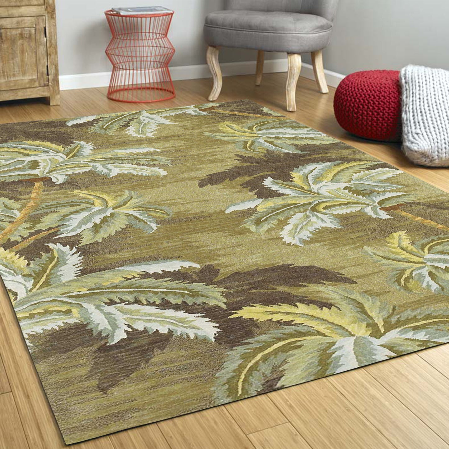 8' X 11'  Wool  Moss Green Palm Trees Area Rug