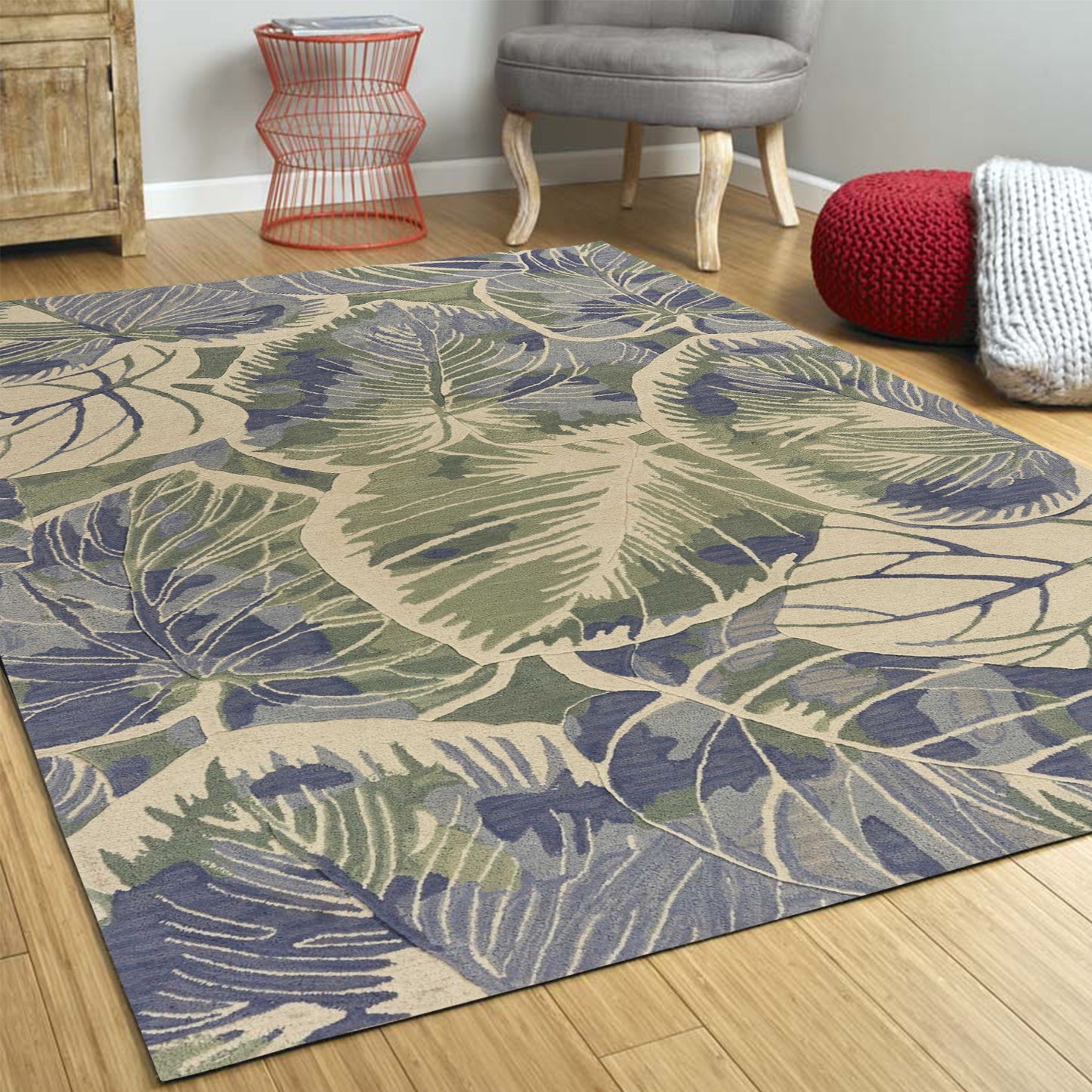 2' X 10' Blue Or Green Oversized Leaves Wool Indoor Runner Rug