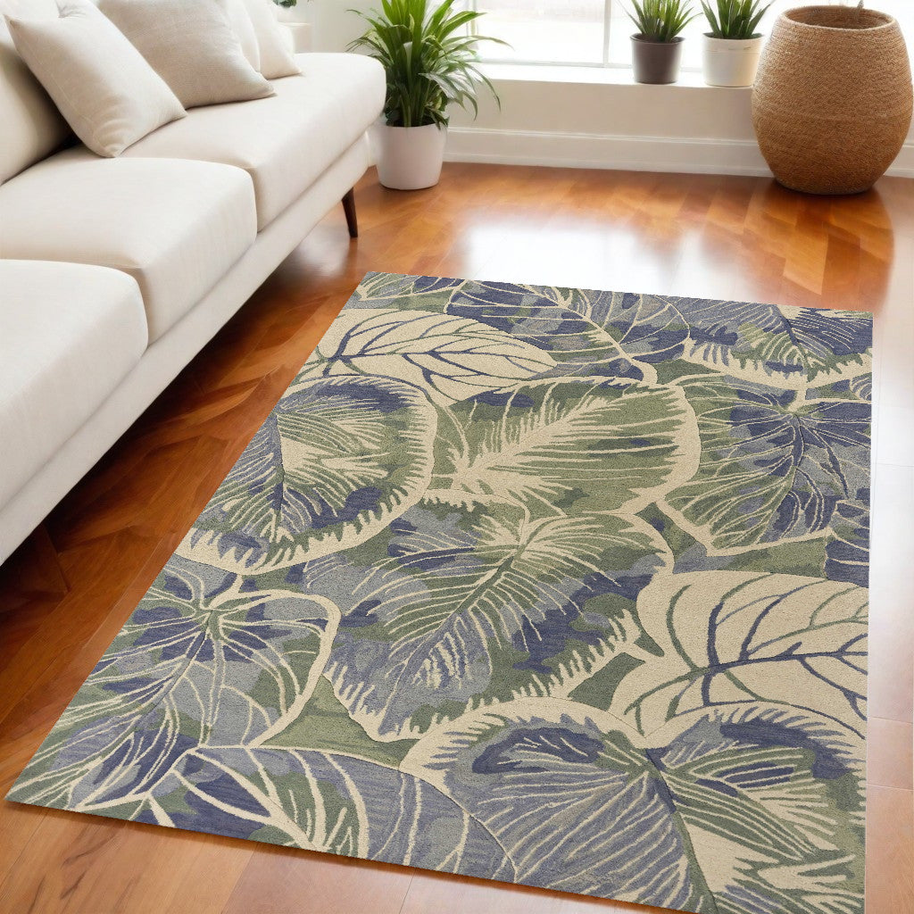 2' X 10' Blue Or Green Oversized Leaves Wool Indoor Runner Rug