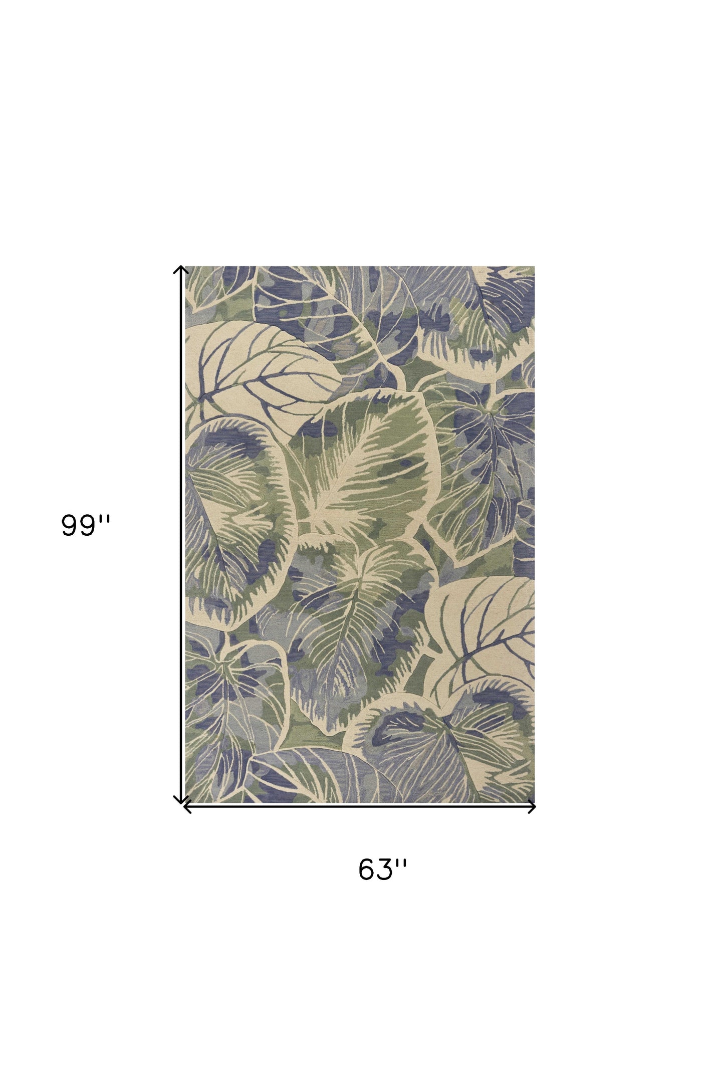 2' X 10' Blue Or Green Oversized Leaves Wool Indoor Runner Rug