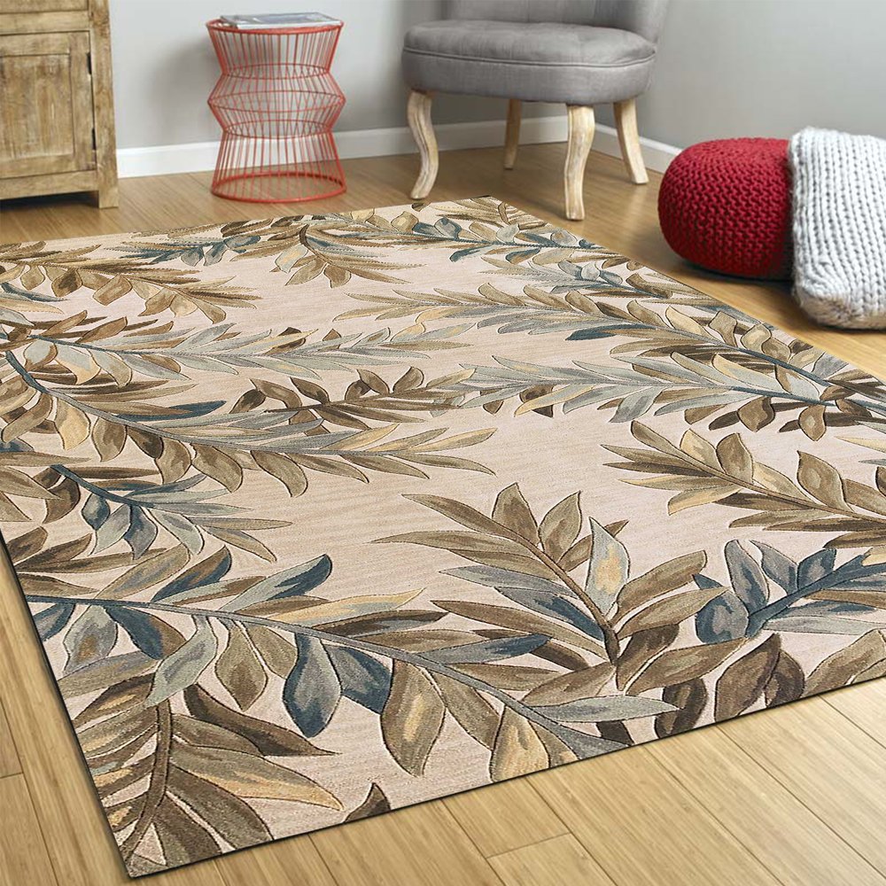 9' X 12' Ivory Brown And Blue Wool Botanical Leaves Hand Tufted Area Rug