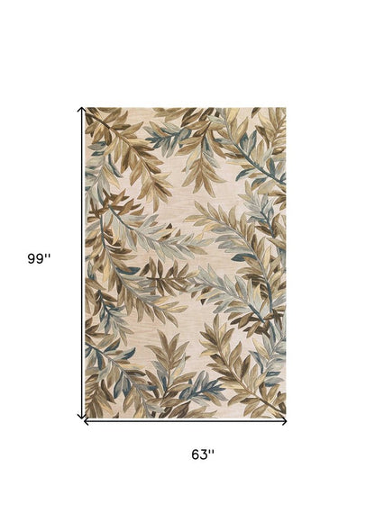9' X 12' Ivory Brown And Blue Wool Botanical Leaves Hand Tufted Area Rug