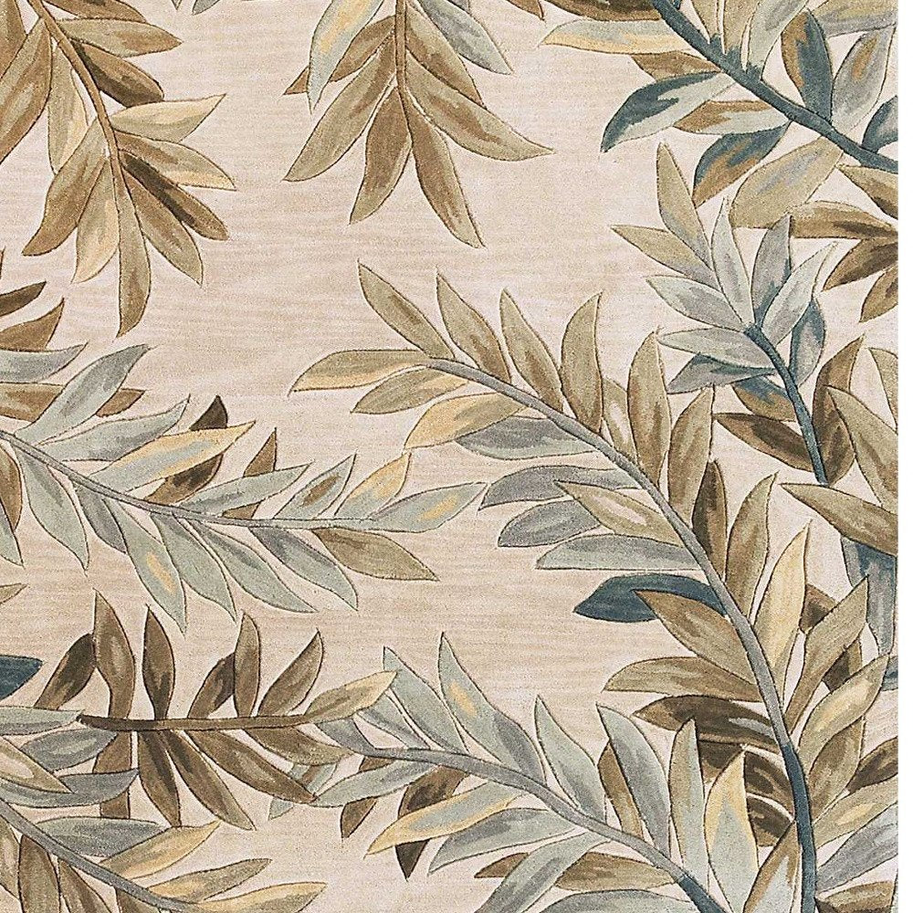 9' X 12' Ivory Brown And Blue Wool Botanical Leaves Hand Tufted Area Rug