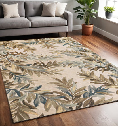9' X 12' Ivory Brown And Blue Wool Botanical Leaves Hand Tufted Area Rug