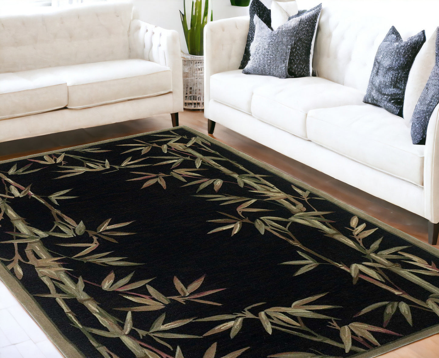 10' Black Hand Tufted Bordered Tropical Bamboo Indoor Runner Rug